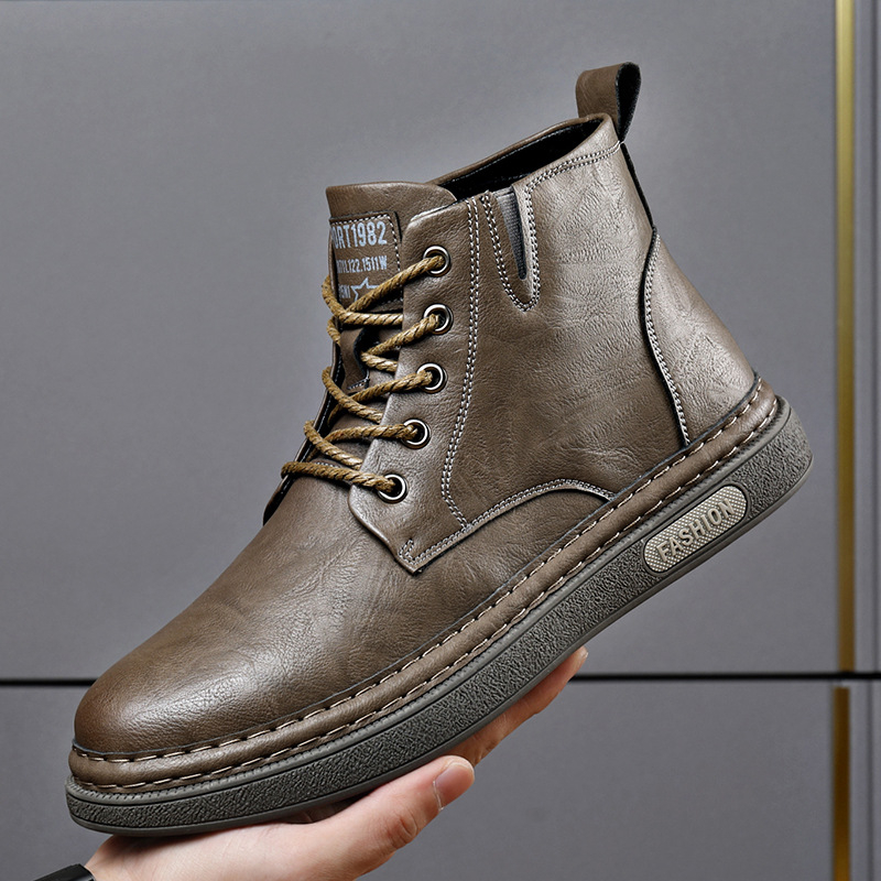 Ghete Martin pentru bărbați, căptușite cu fleece, înalte, talpă din cauciuc, vârf rotund, șireturi în față