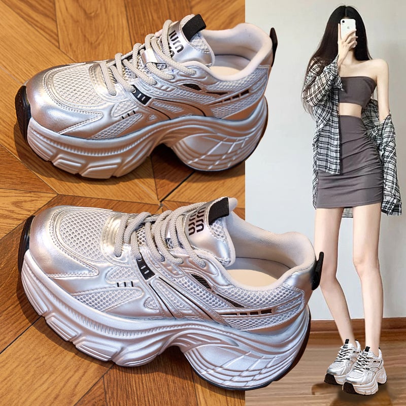 Női magasságot növelő sportcipő - felsőrész mikroszálas bőr, belső hálószövet, alacsony talp, fűző, PU vastag talp