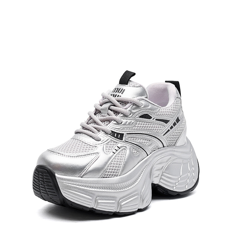 Női magasságot növelő sportcipő - felsőrész mikroszálas bőr, belső hálószövet, alacsony talp, fűző, PU vastag talp