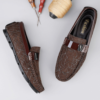 Ανδρικά δερμάτινα loafers - άνω μέρος από δέρμα δευτέρου στρώματος, τετράγωνη μύτη, επίπεδη φτέρνα, καουτσούκ εξωτερική σόλα, PU Πάτος, διαπνοή, Άνοιξη 2025