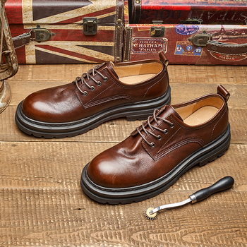 Ανδρικά Δερμάτινα Παπούτσια Χαμηλού Κορνιού, Πρώτης Διαβάθμισης Δέρμα Αγελάδας, Με Κυκλική Μύτη, Καουτσούκ Σόλα, Ύψος 3–5 εκ