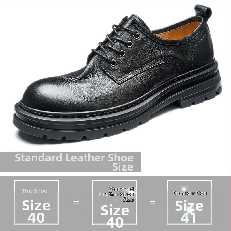 Vīriešu ādas zemas kurpes, pirmās kārtas liellopu āda, apaļa purngala, gumijas zole, papēža augstums 3–5 cm