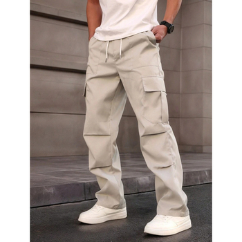 O 42972 Vyriški trumpi darbiniai kelnes su raišteliu juosmens ir kišenėmis, natūraliai dažyta medvilnė, laisvas kirpimas