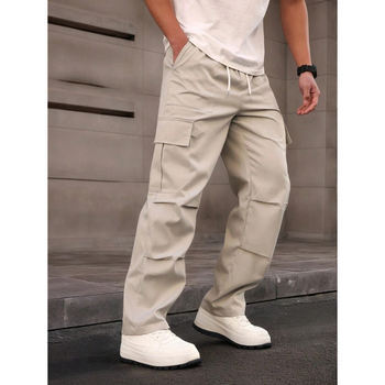 O 42972 Ανδρικά παντελόνια εργασίας με κορδόνι στη μέση και τσέπες, φυσικό βαμβάκι χρωματιστό, χαλαρή γραμμή