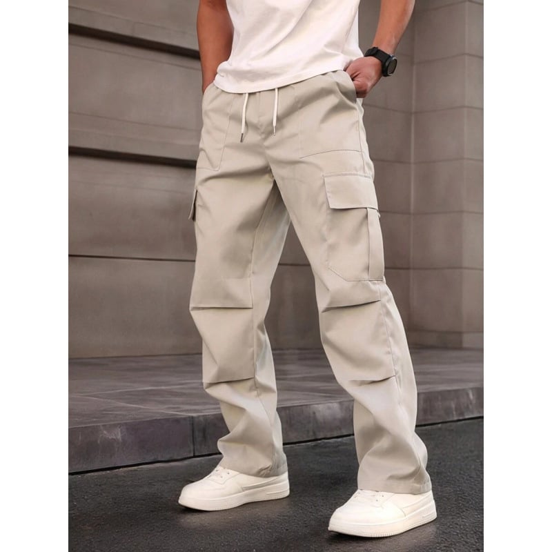 O 42972 Ανδρικά παντελόνια εργασίας με κορδόνι στη μέση και τσέπες, φυσικό βαμβάκι χρωματιστό, χαλαρή γραμμή