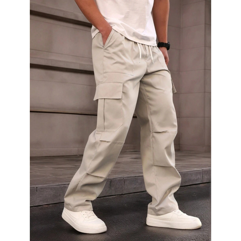 O 42972 Ανδρικά παντελόνια εργασίας με κορδόνι στη μέση και τσέπες, φυσικό βαμβάκι χρωματιστό, χαλαρή γραμμή