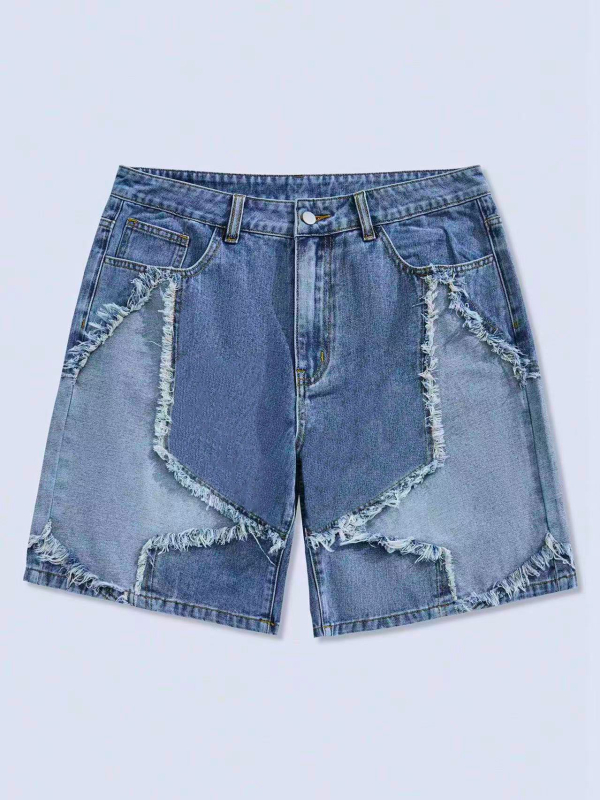 Деним къси панталони със винтидж уличен стил, патч със звезда с пет точки и мотив котешки мустаци, прав силует, 5-инчова вътрешна дължина, ресни по ръба
