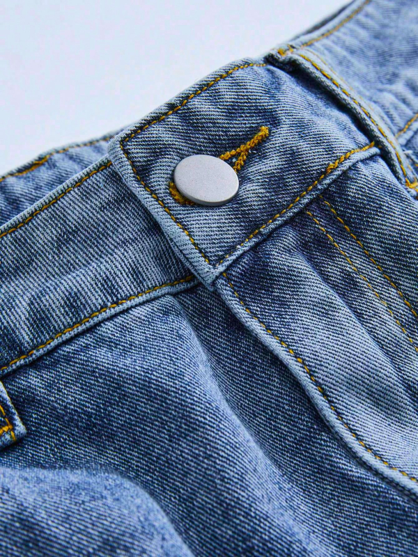 Деним къси панталони със винтидж уличен стил, патч със звезда с пет точки и мотив котешки мустаци, прав силует, 5-инчова вътрешна дължина, ресни по ръба