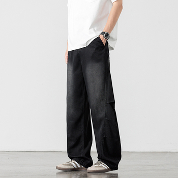 Ανδρικά βιντάζ τζιν παντελόνια με ίσια γραμμή, ψηλή μέση, κορδόνι κλεισίματος, λεπτό ελαστικό ύφασμα, κορεάτικο στυλ