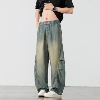 Ανδρικά βιντάζ τζιν παντελόνια με ίσια γραμμή, ψηλή μέση, κορδόνι κλεισίματος, λεπτό ελαστικό ύφασμα, κορεάτικο στυλ