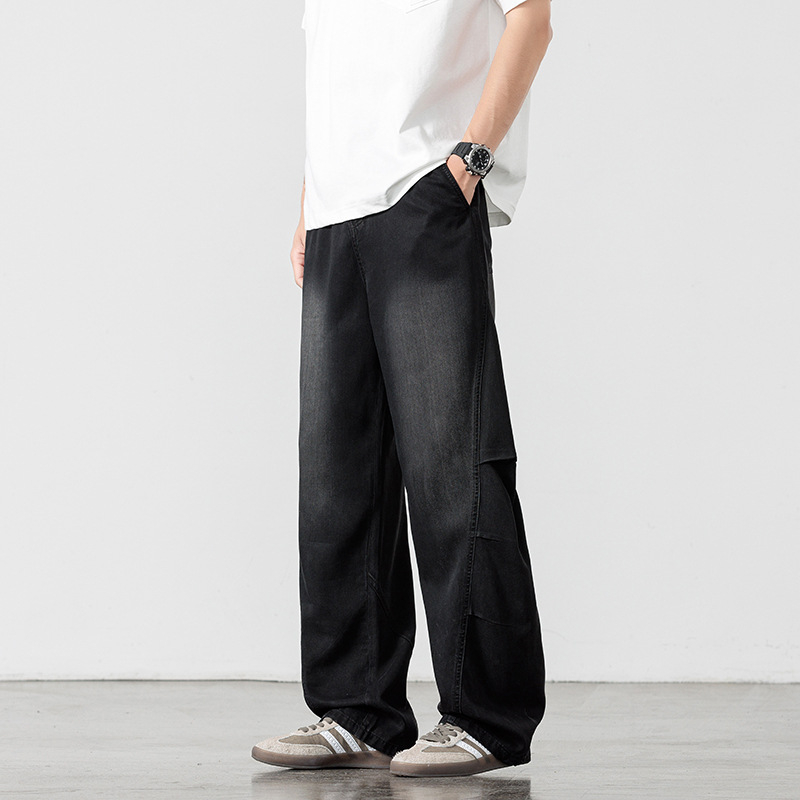 Pantaloni denim vintage pentru bărbați, croi drept, talie înaltă, închidere cu șnur, țesătură subțire elastică, stil coreean