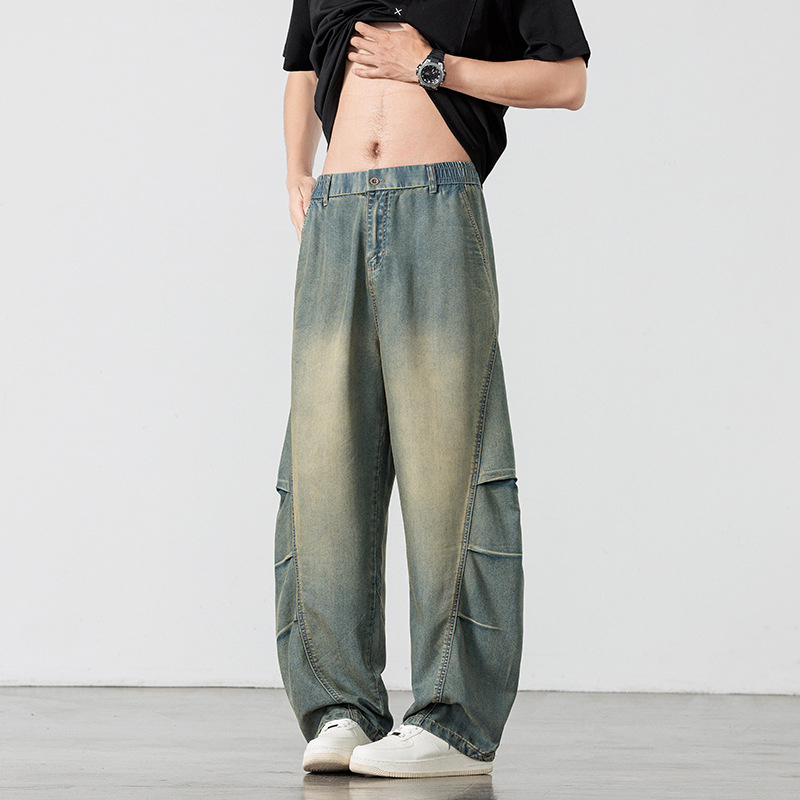 Pantaloni denim vintage pentru bărbați, croi drept, talie înaltă, închidere cu șnur, țesătură subțire elastică, stil coreean