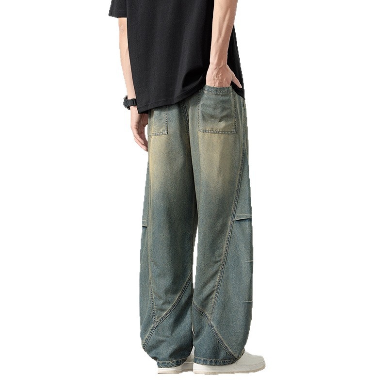 Pantaloni denim vintage pentru bărbați, croi drept, talie înaltă, închidere cu șnur, țesătură subțire elastică, stil coreean