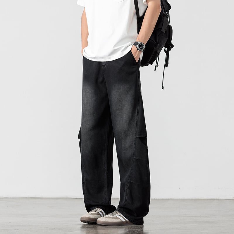 Pantaloni denim vintage pentru bărbați, croi drept, talie înaltă, închidere cu șnur, țesătură subțire elastică, stil coreean