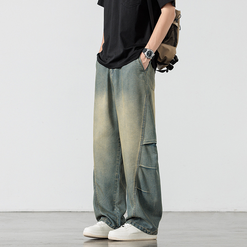 Pantaloni denim vintage pentru bărbați, croi drept, talie înaltă, închidere cu șnur, țesătură subțire elastică, stil coreean