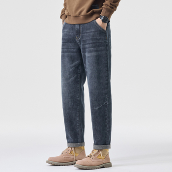 Дънкови дънки, tapered slim fit, средна талия, цип, измит деним, дълги панталони