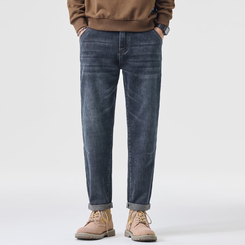 Jeans din denim, croială conică slim, talie medie, fermoar, spălat vintage, pantaloni lungi