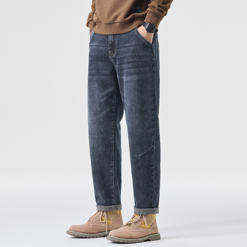 Jeans din denim, croială conică slim, talie medie, fermoar, spălat vintage, pantaloni lungi