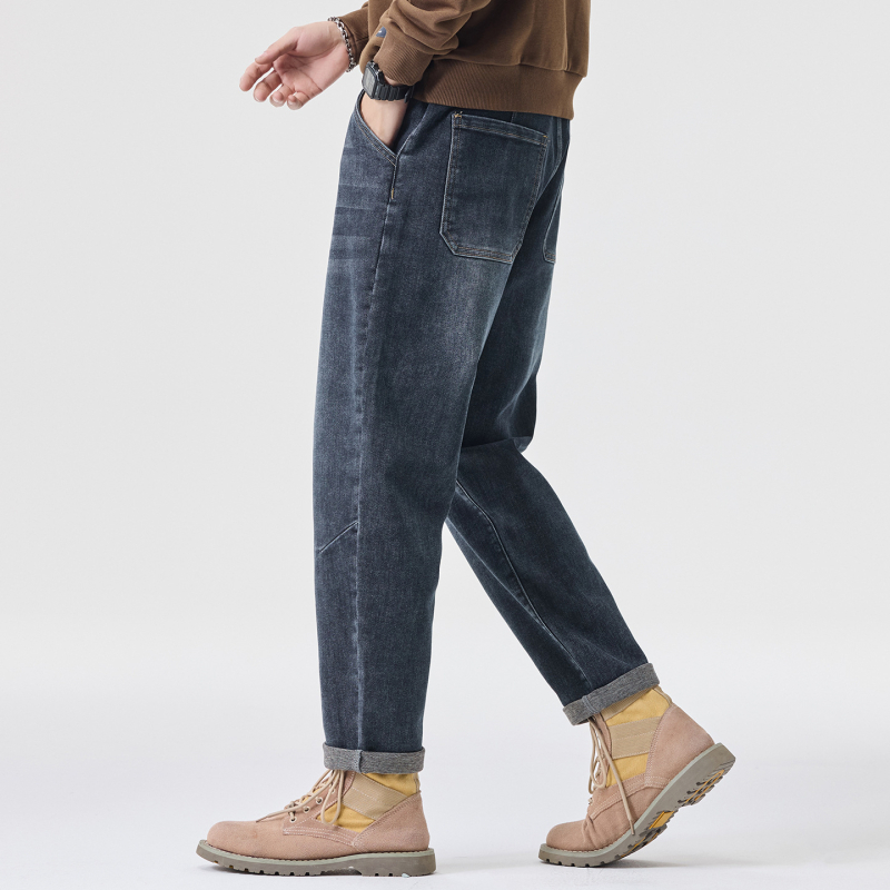 Jeans din denim, croială conică slim, talie medie, fermoar, spălat vintage, pantaloni lungi