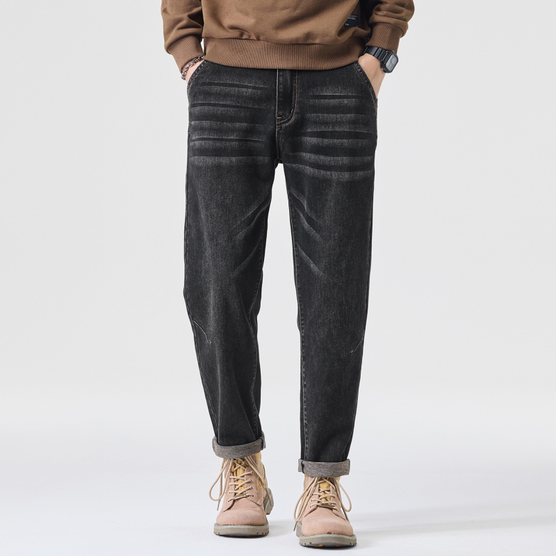 Jeans din denim, croială conică slim, talie medie, fermoar, spălat vintage, pantaloni lungi