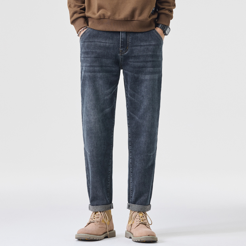 Jeans din denim, croială conică slim, talie medie, fermoar, spălat vintage, pantaloni lungi