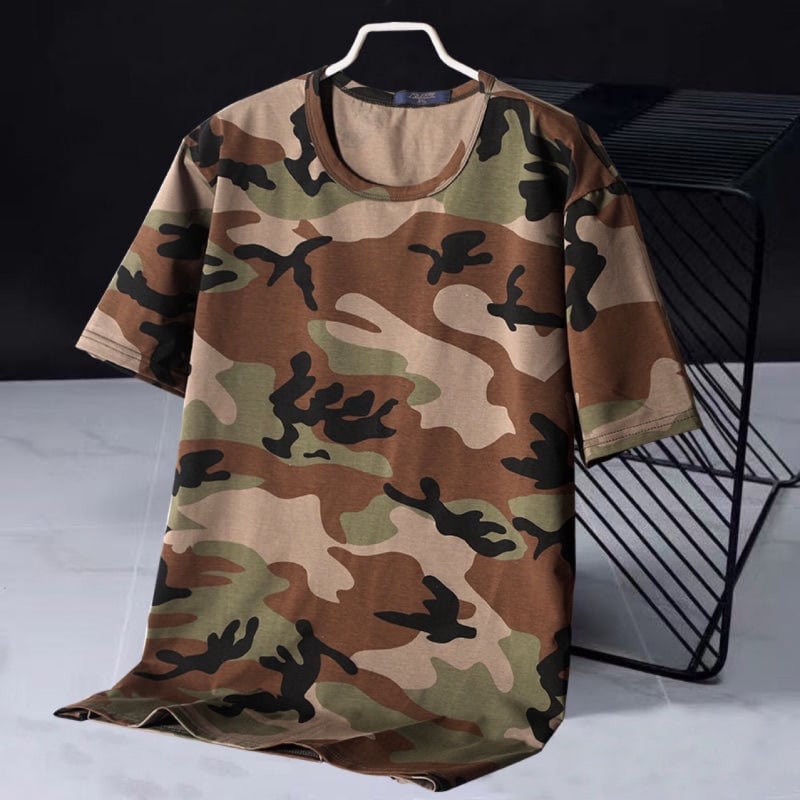 Tricou bărbătesc camuflaj din amestec de bumbac, mâneci scurte, guler rotund, croială slim