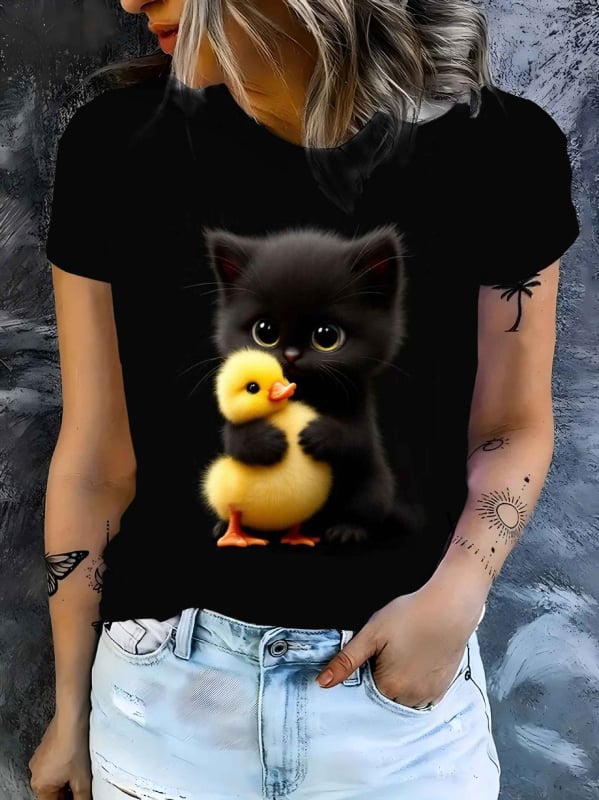 Tricou damă, poliester 95%+, imprimeu animal, guler rotund, croi lejer