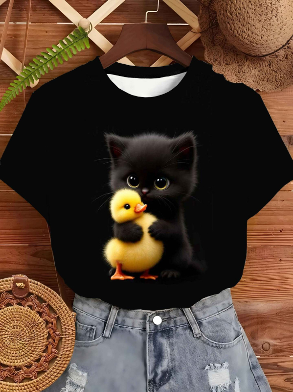 Tricou damă, poliester 95%+, imprimeu animal, guler rotund, croi lejer