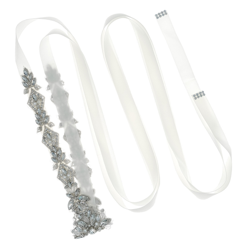 Vestuvinė juostelė su rhinestones ir perlų dekoru, plotis virš 4 cm, sagtis iš kaspinėlio, raištis užsegimui, gaivus princesiškas stilius