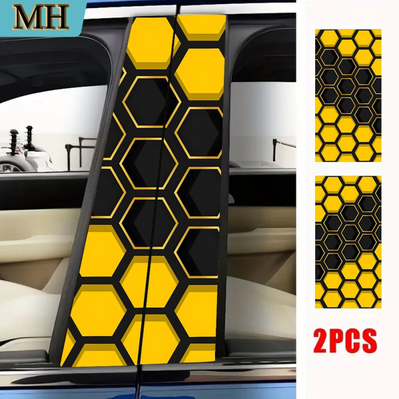 Rinkinys automobilių lipdukų – 2 vnt, durų stulpelių lipdukai su bičių šukų raštu, lipnios, montavimas su siurbimo antgaliu