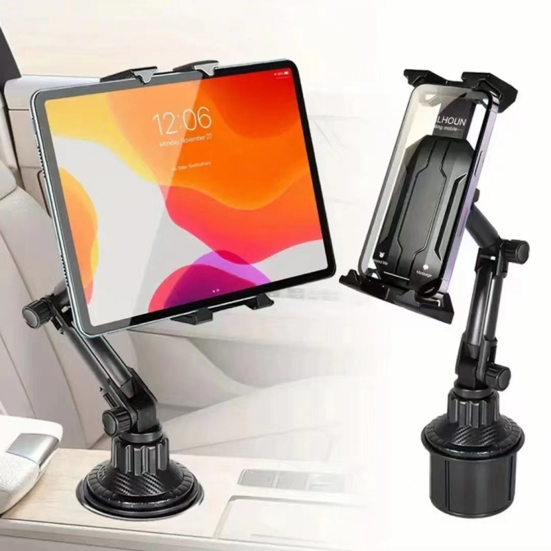 Automobilinis laikiklis telefonui ir planšetei – universalus, su anti-vibracijos funkcija, puodelio laikiklio išplėtimas, plastikinė konstrukcija, svoris 240 g