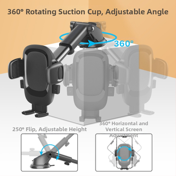 Автомобилен държач за мобилен телефон с въртяща се вакуумна чашка и телескопично удължение, универсален, пластмасов