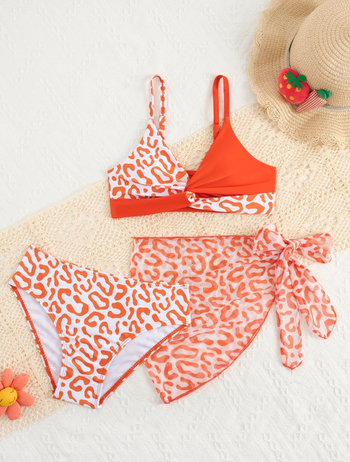 Σετ μπικίνι 3 τεμαχίων με φούστα για κορίτσια, τροπικό φλοράλ μοτίβο, πολυεστέρας 82/18, επένδυση με σπαντέξ, για κολύμβηση