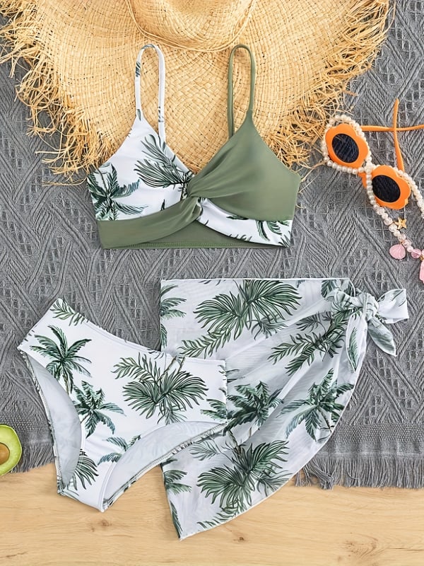 Meitenēm 3-dali bikini komplekts ar svārciņu, tropiska ziedu raksts, poliesters 82/18, odiena ar spandeksu, peldēšanai