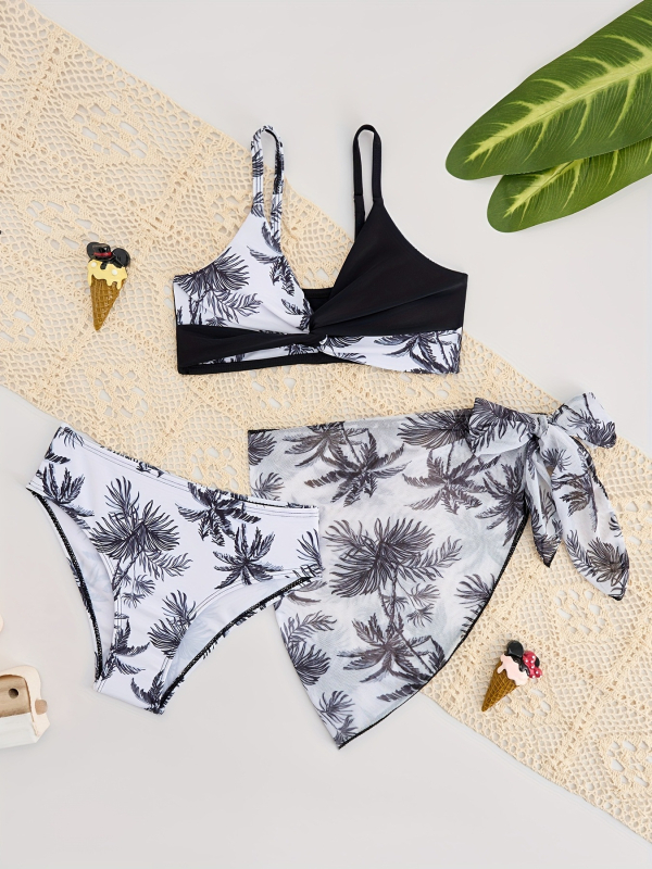 Meitenēm 3-dali bikini komplekts ar svārciņu, tropiska ziedu raksts, poliesters 82/18, odiena ar spandeksu, peldēšanai
