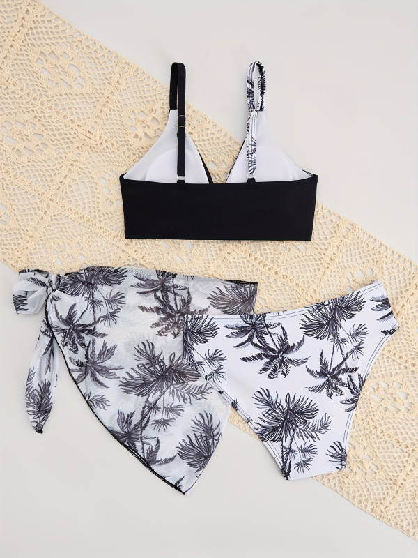 Meitenēm 3-dali bikini komplekts ar svārciņu, tropiska ziedu raksts, poliesters 82/18, odiena ar spandeksu, peldēšanai