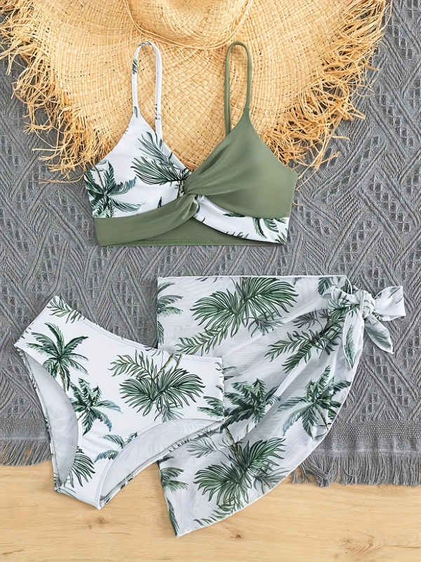 Meitenēm 3-dali bikini komplekts ar svārciņu, tropiska ziedu raksts, poliesters 82/18, odiena ar spandeksu, peldēšanai