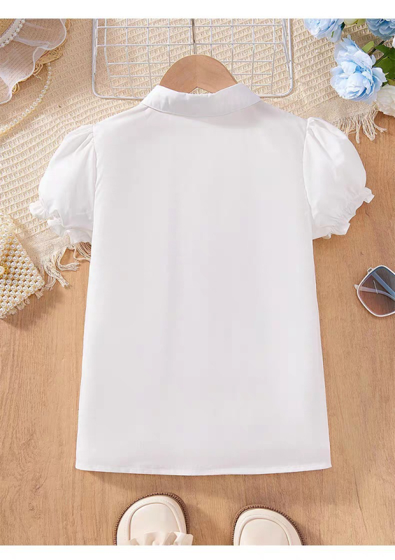 Sieviešu blūze ar loku un pūstošām piedurknēm, kokvilna, apkakle ar reveri, vasarai