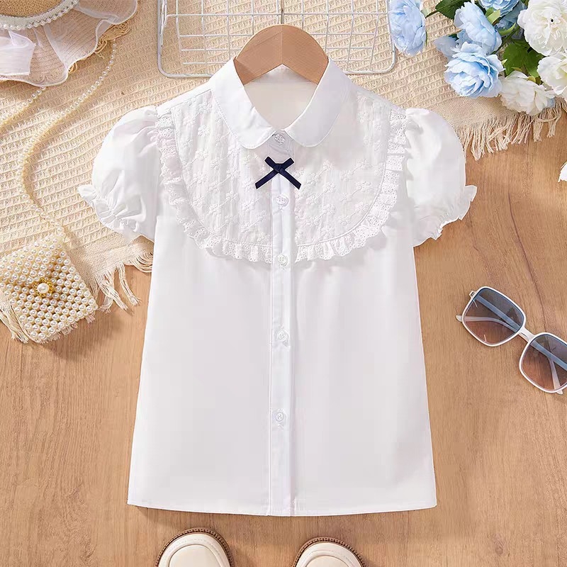 Sieviešu blūze ar loku un pūstošām piedurknēm, kokvilna, apkakle ar reveri, vasarai