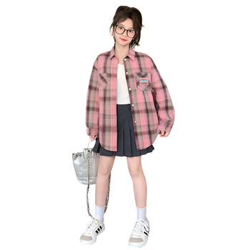Cămașă pentru copii cu mânecă lungă, în carouri, stil coreean, guler coborât, primăvară-toamnă