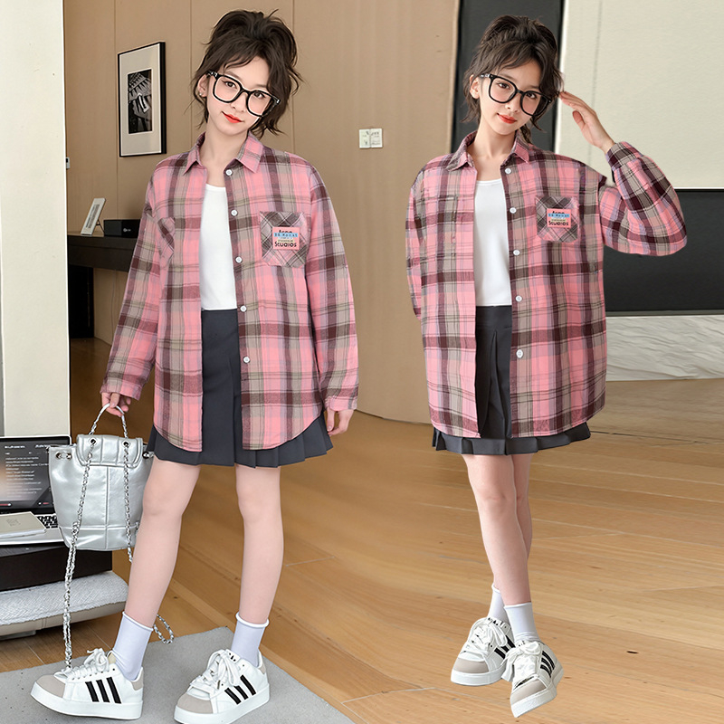 Cămașă pentru copii cu mânecă lungă, în carouri, stil coreean, guler coborât, primăvară-toamnă