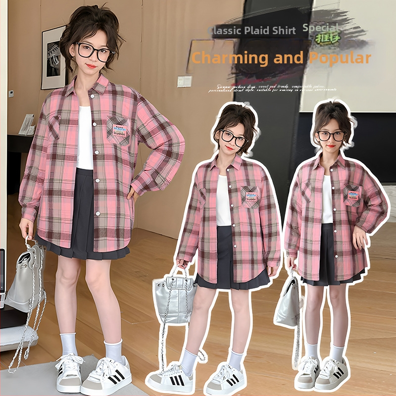 Dievčenská kockovaná košeľa s dlhým rukávom, kórejský štýl, golier s preklopením dole, jar–jeseň