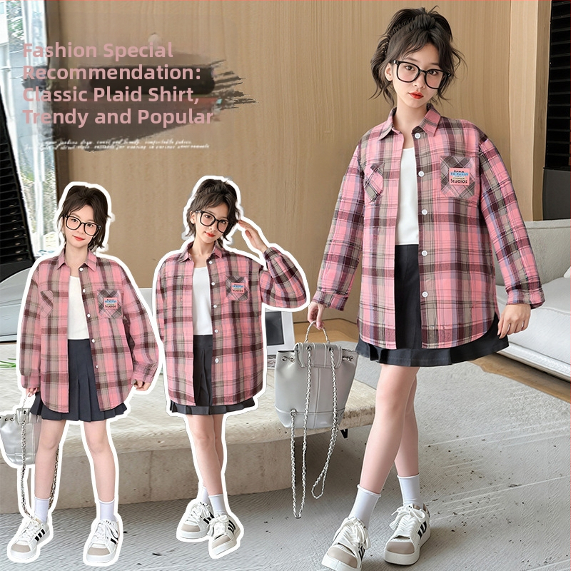 Dievčenská kockovaná košeľa s dlhým rukávom, kórejský štýl, golier s preklopením dole, jar–jeseň