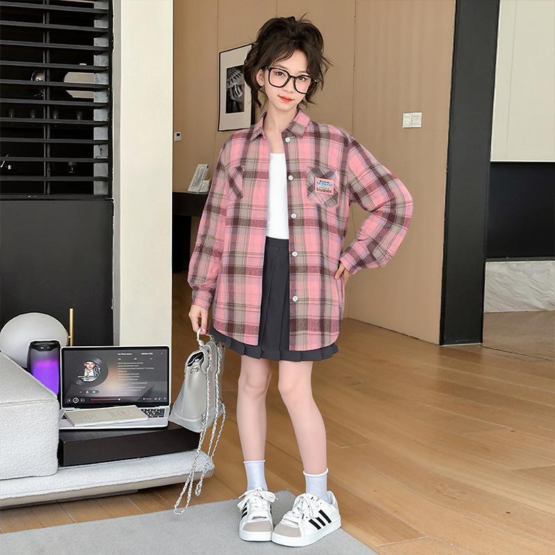 Cămașă pentru copii cu mânecă lungă, în carouri, stil coreean, guler coborât, primăvară-toamnă