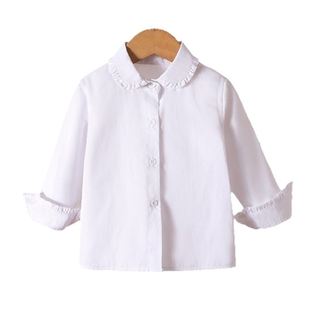 Παιδικό λευκό πουκάμισο, 100% βαμβάκι, απαλό επεξεργασμένο ύφασμα, μακριά μανίκια, γιακά τύπου πέτο, μονόχρωμο
