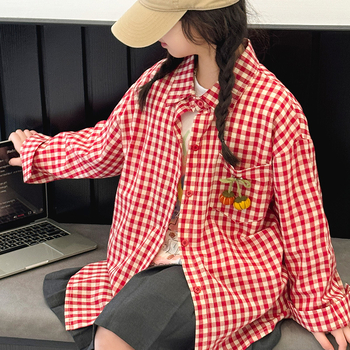 Cămașă-jachetă pentru fetițe în carouri, stil coreean, guler polo, bumbac cu tratare moale, sezon iarnă primăvară, pentru copii peste 8 ani