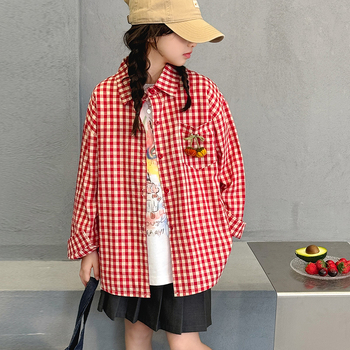 Παιδική πουκάμισο-ζακέτα καρό, Κορεάτικος στυλ, λαιμό πόλο, μαλακτωμένη βαμβακερή ύλη, χειμώνας-άνοιξη, για κορίτσια άνω των 8 ετών