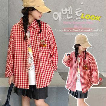 Παιδική πουκάμισο-ζακέτα καρό, Κορεάτικος στυλ, λαιμό πόλο, μαλακτωμένη βαμβακερή ύλη, χειμώνας-άνοιξη, για κορίτσια άνω των 8 ετών