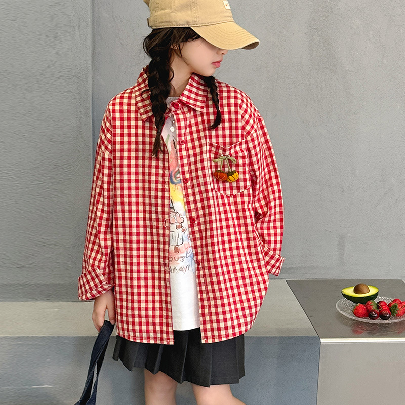 Cămașă-jachetă pentru fetițe în carouri, stil coreean, guler polo, bumbac cu tratare moale, sezon iarnă primăvară, pentru copii peste 8 ani
