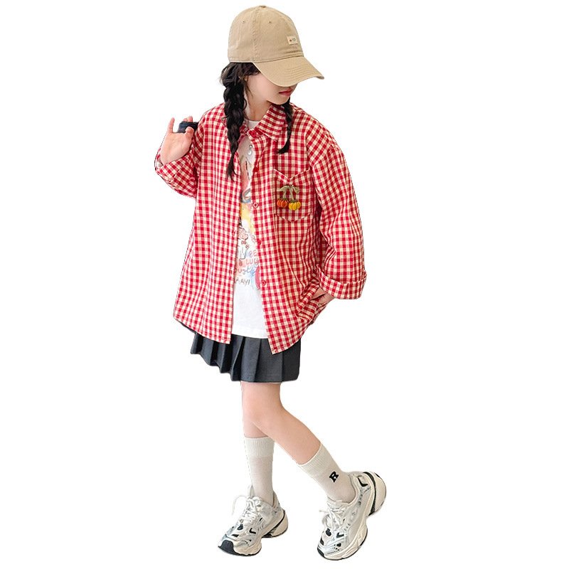Cămașă-jachetă pentru fetițe în carouri, stil coreean, guler polo, bumbac cu tratare moale, sezon iarnă primăvară, pentru copii peste 8 ani
